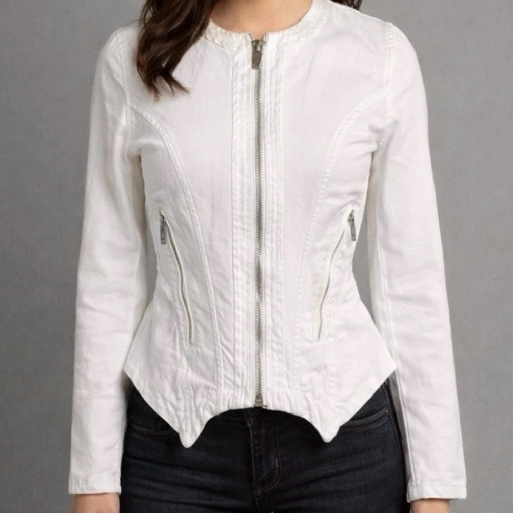 BlankNYC Part Time Lover Denim Jacket Peplum Full Zip Asymmetrical M